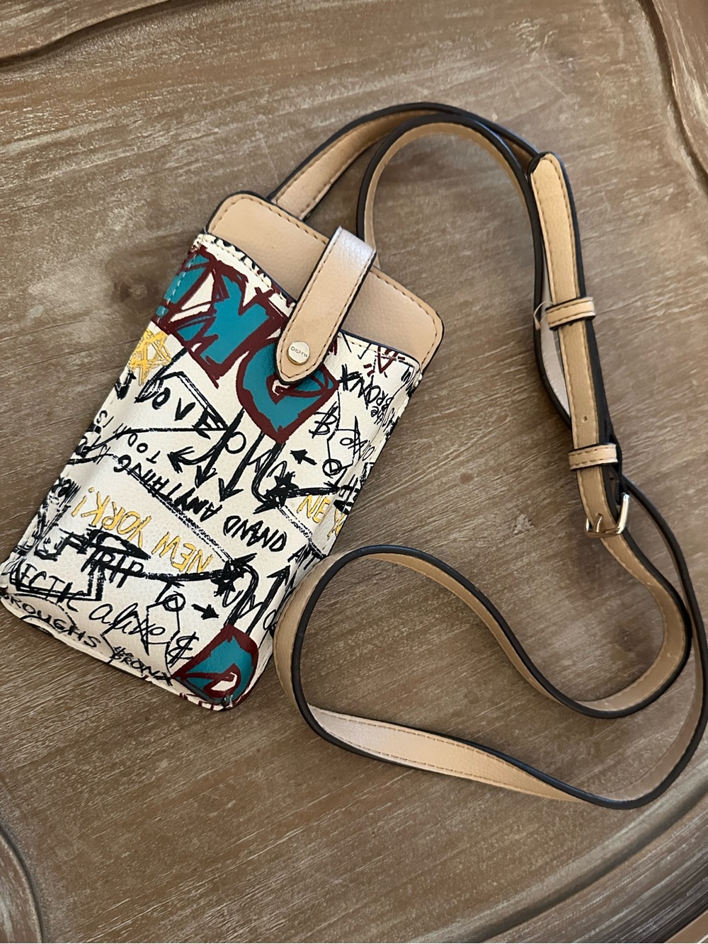 #847 DKNY Beige Graffiti-Print Crossbody Phone Bag